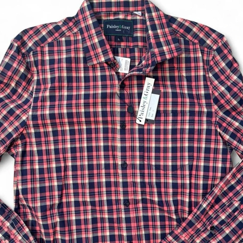 NWT Paisley & Gray Slimfit pink and navy plaid button-up shirt‎ Size L
